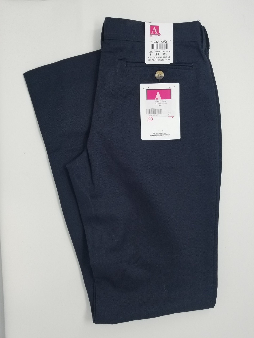 Girls Slash Pocket Pants- Solid Color- Flat Front-Navy